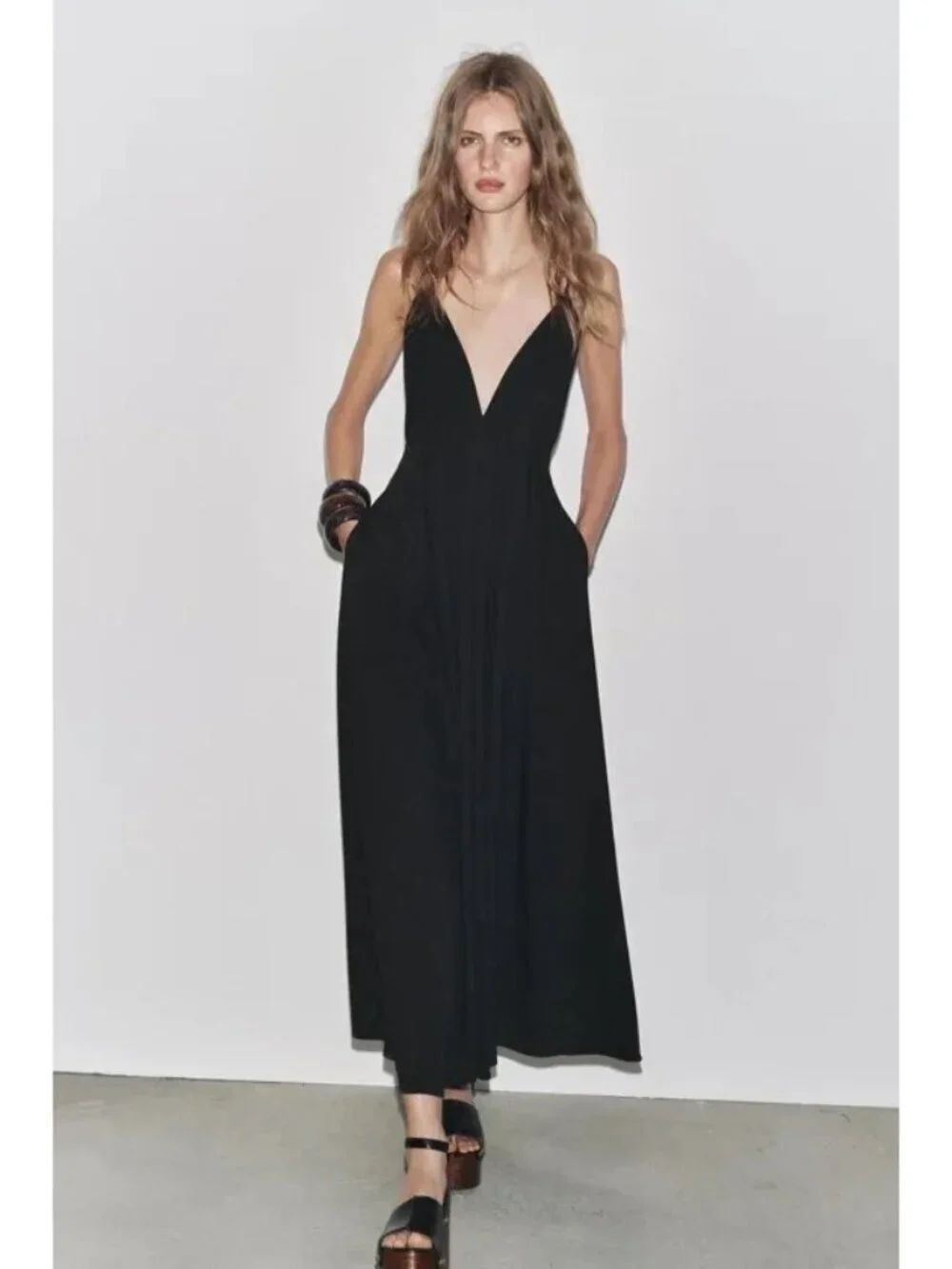 Zara Women Long Dress w/ Ties Large Black Open Back Pleated 2816/995 NWT
